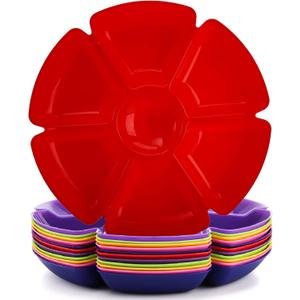 AVLA 12 Pcs Plastic Snack Serving Tray, 12 Inch Unbreakable Chip and Dip Divided Serving Plates, Round 7 Compartments Multifunctional Food Platter for Snack, Nuts, Candy, Dried Fruit, Veggies