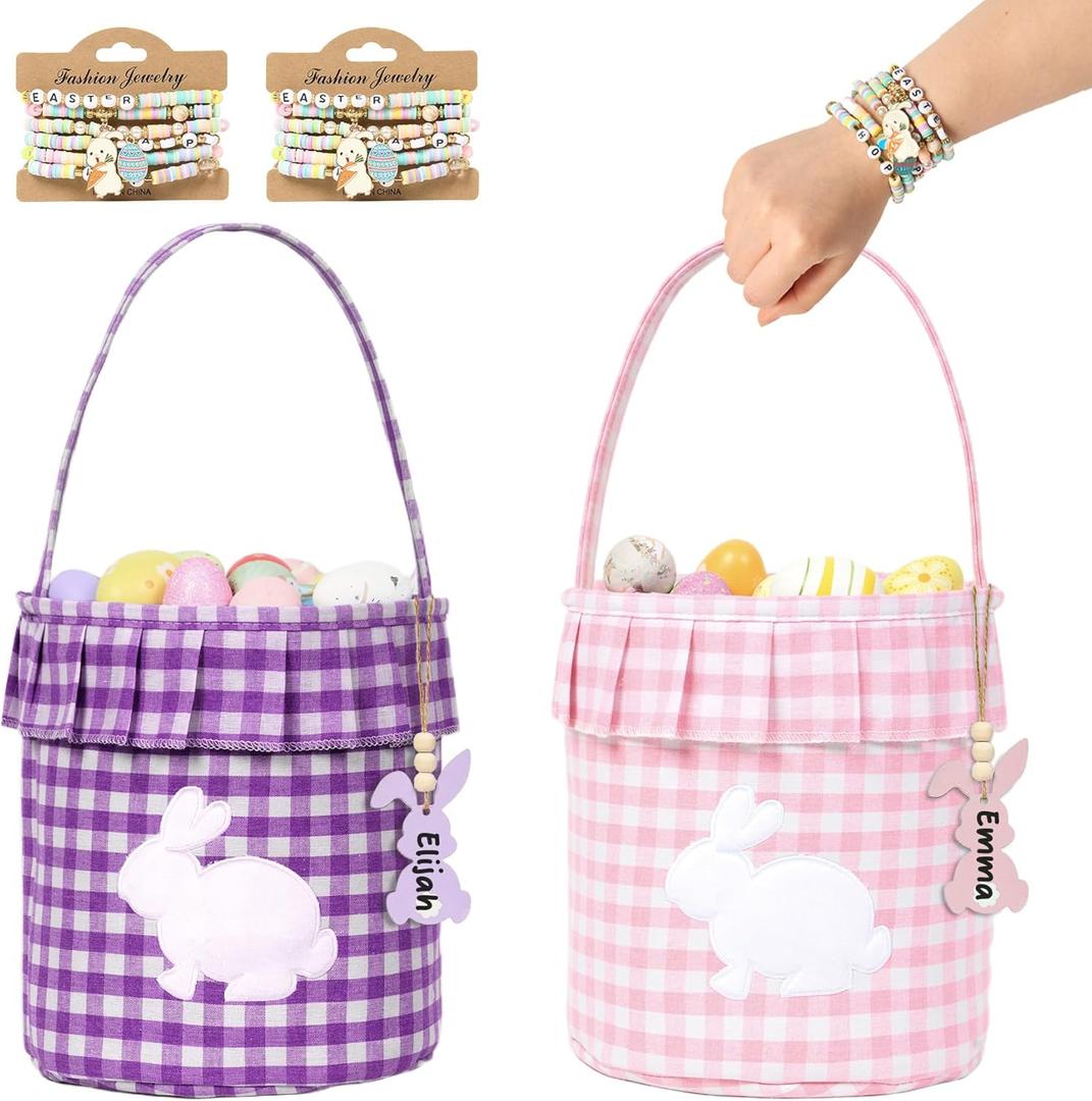 2 Pack Easter Basket with Bunny Name Tags Pink Purple Gingham Fabric with Embroidered Bunny Pattern Bucket with Handle and Ruffle Trim Reusable Rabbit Gift Bag for Easter Eggs Hunt Decorations
