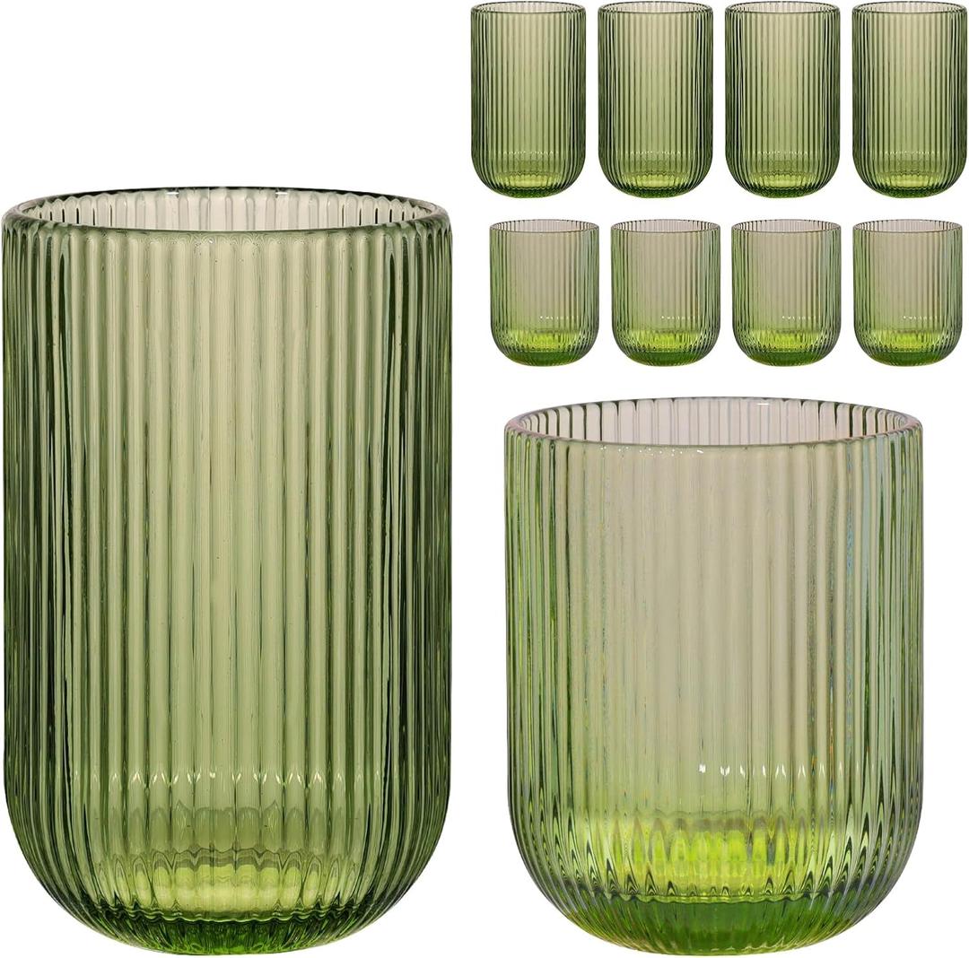 Set of 8 Ribbed Glassware,4 Highball Glasses 14oz & 4 Rocks Drinking Glasses 9oz, Green, Origami Style, Fluted Design, for Milk, Water, Cocktail, Juice, Beer, ToothBrush Cup, Gift