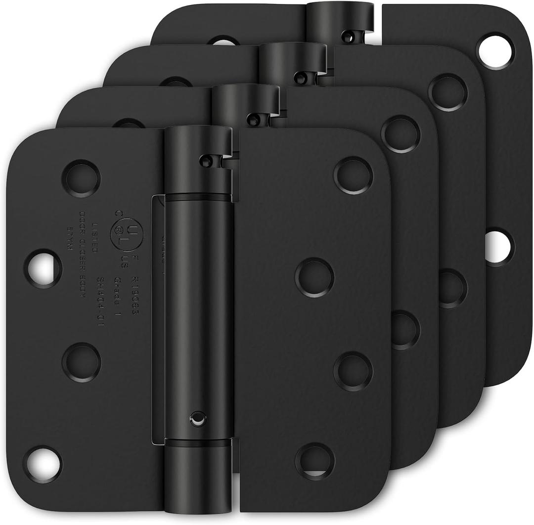 Luxbaro 4 Pack Self Closing Door Hinges 4 Inch, Matte Black Spring Loaded Hinges with 5/8'' Radius Corners, Adjustable Tension for Garage, Front Door, for Left and Right Hand Door, UL Listed