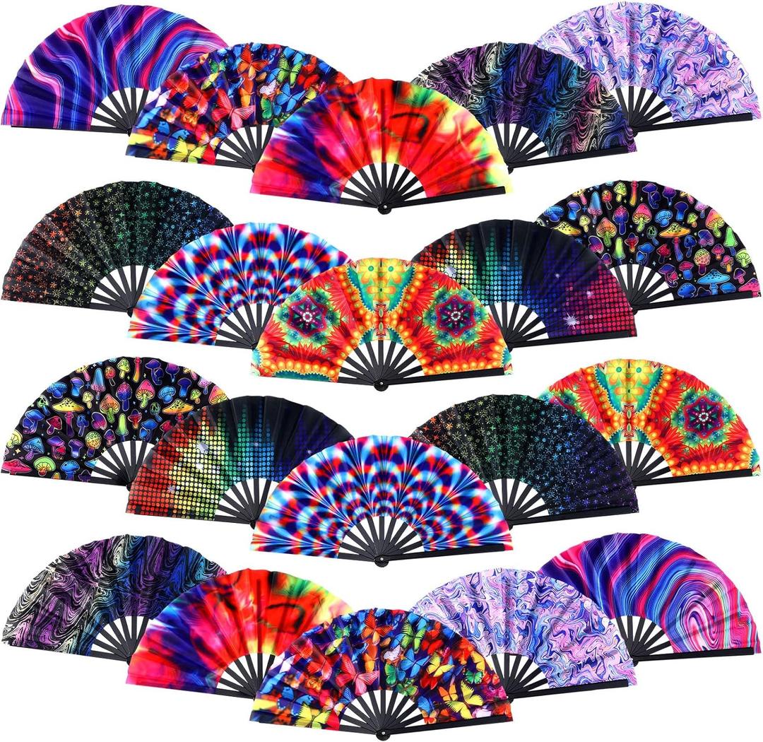 20 Pcs Rave Fans Bulk Large Folding Hand Fans with Plastic Ribs for Men Women, Chinese Japanese Rainbow Handheld with Fabric Case for Drag Queen Dance Club Music Festival Party(Innovative)