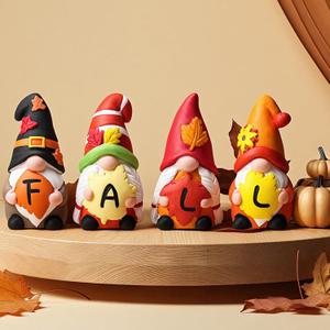 4 Pcs Fall Ceramic Gnomes Decorations for Home 4'' Thanksgiving Decor Welcome Fall Sign Gnomes Figurines Autumn Tabletop Sculpture Table Centerpiece for Home Housewarming Gifts