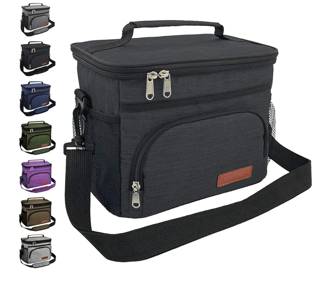 ExtraCharm Insulated Lunch Bag for Women/Men - Reusable Lunch Box for Office Picnic Hiking Beach - Leakproof Cooler Tote Bag Organizer Black