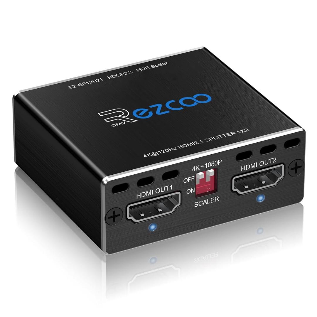 HDMI 2.1 Splitter 4K 120Hz 8K 60Hz 1 in2 Out VRR ALLM HDCP2.3 HDR10 8KUHD Dolby Vision Atmos Scaler 4K EDID 1080P Dual Monitors HDMI 2.1 Splitter 1X2 for PS5 SkyQ Xbox NVIDIA AMD