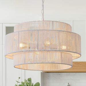 4-Light Large White Rattan Chandeliers, 22.8in Boho Coastal Pendant Lights, Woven Hemp Rope Hanging Ceiling Lights, 3-Tier Wicker Lighting Fixture for Kitchen Island, Dining Room, Living Room