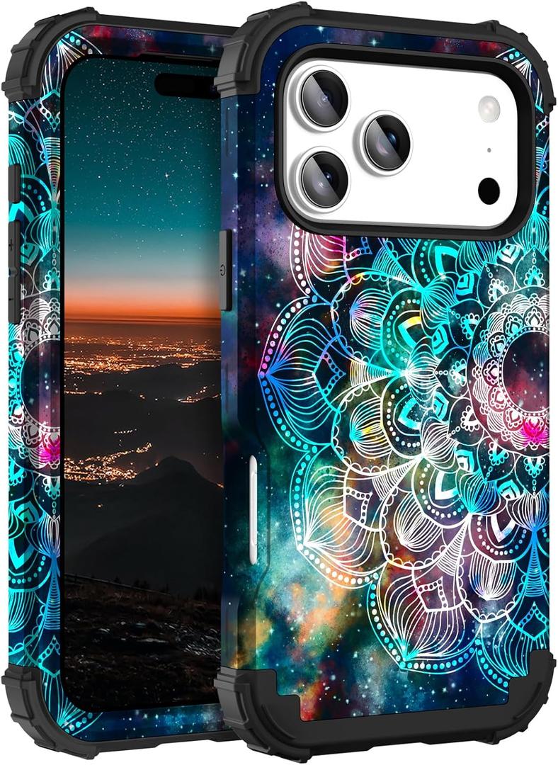 Hocase for iPhone 17 Pro Max Case, Heavy Duty Shockproof Protection Soft Silicone Rubber+Hard Plastic Bumpers Hybrid Protective Case for iPhone 17 Pro Max 2025 - Mandala in Galaxy