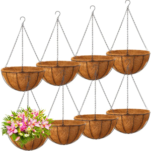 Rtteri Hanging Planters Metal Flower Pots Basket Holder with Coconut Coir Liners Metal Round Wire Plant Holder with Chain Porch for Indoor Outdoor Patio Porch Garden Decoration (8 Pcs,12 Inch)