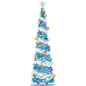 6 Ft Lighted Slim Christmas Tree with Timer Ball Ornament 100 Warm White & Multicolor Changing Lights Battery Powered Big 3D Star,Glitter Tinsel Pop Up Pencil Christmas Tree Decoration Indoor Outdoor