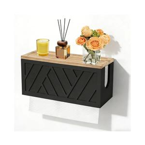 Qivine Paper Towel Dispenser Wall Mount, 2-in-1 Wooden Paper Towel Holder, Toilet Napkin Holder Dispenser with Lid Removable Top Tray for Bathroom Kitchen Decor Home and Commercial (Black)