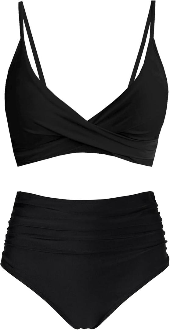 Women's High Waisted Bikini Sets Push Up Twist Front Spaghetti Straps Ruched Two Piece Swimsuit Bathing Suit (Medium, Black)