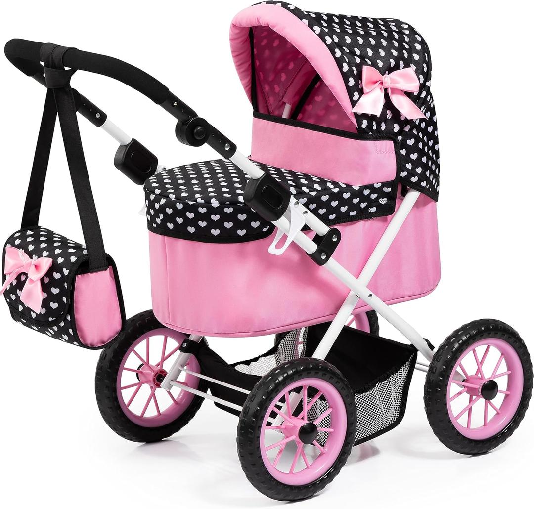 Bayer: Trendy Pram - Hearts Black & Pink - Includes Matching Shoulder Bag, for Dolls Up to 18", Foldable, Kids Pretend Play Toy, Ages 3+ `