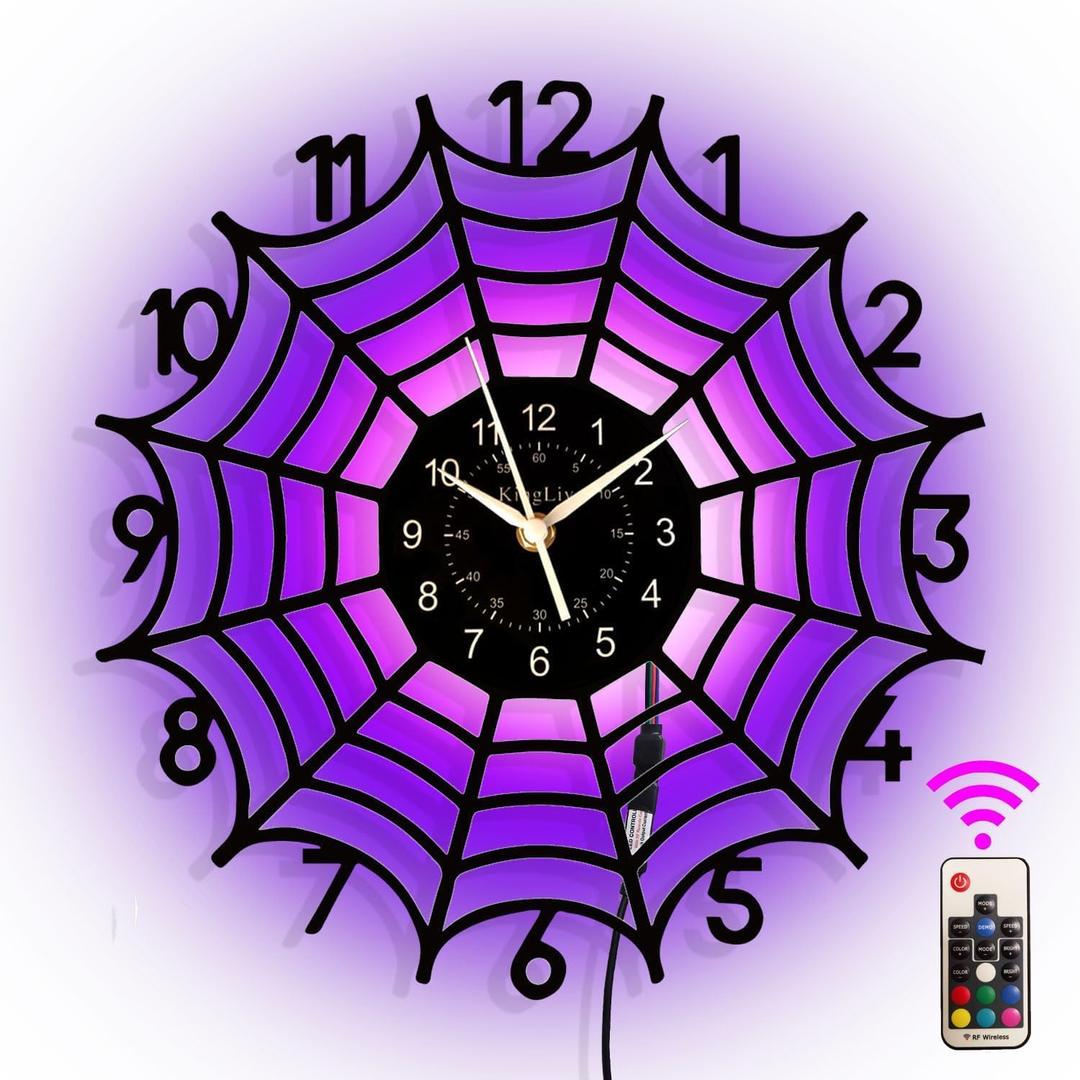 Halloween Spider Web Clock - 16" RGB Color Changing with Remote, Glow in The Dark, Spooky Decor for Party, Modern Gothic Halloween Decor, 11.81 X 11.81 Inches