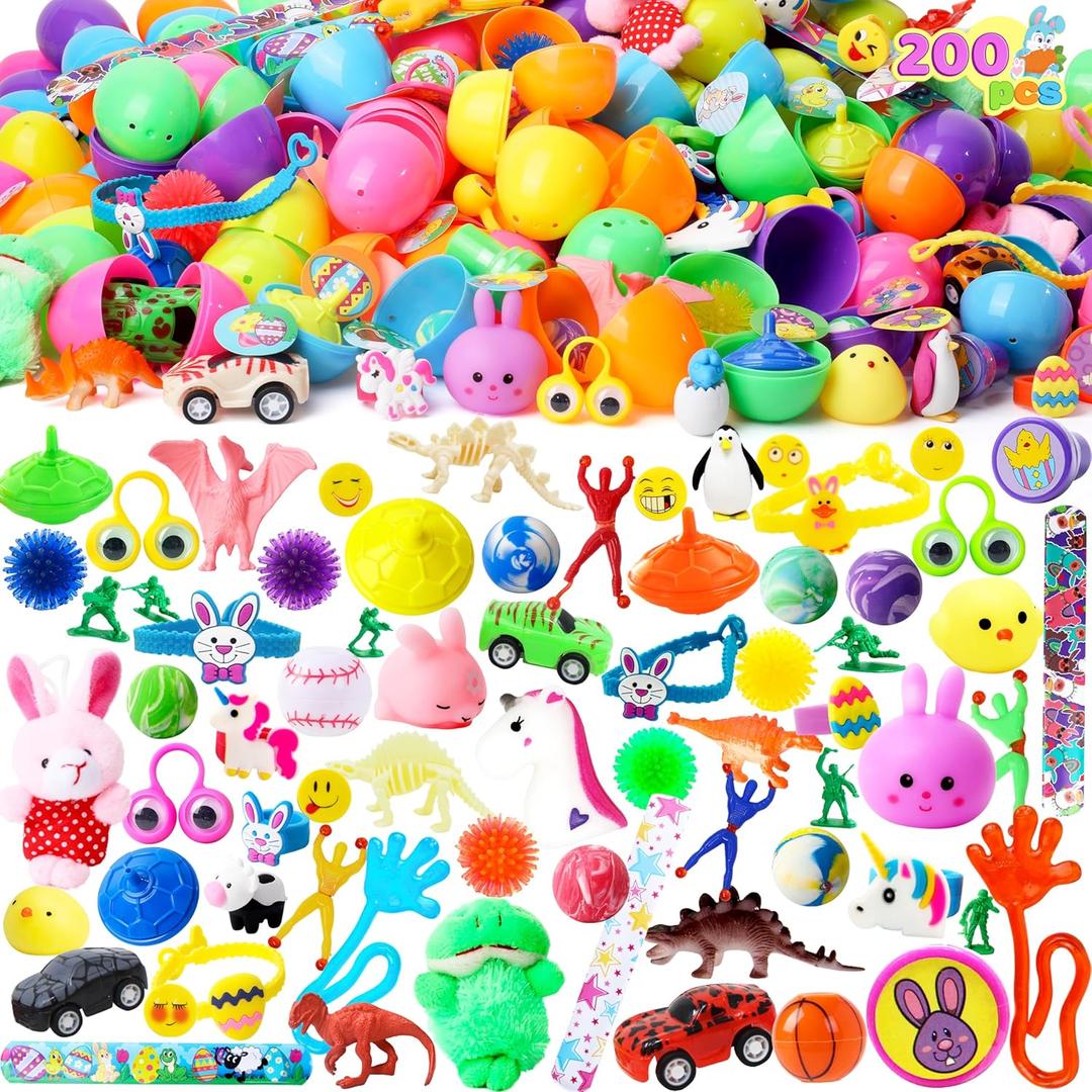 JOYIN 200Pcs Prefilled Easter Eggs with Assorted Toys Plus Stickers Inside, Easter Eggs Filled for Kids, Basket Stuffers, Egg Hunt, Party Favors, Classroom Prize Supplies