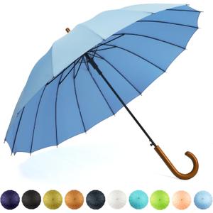SoulRain 16 Ribs 48" Stick Umbrella Auto Open Solid Color Fashionable and SimpleArc Classic Wood HandleWindproof Unbreakable Stick Rain Umbrella