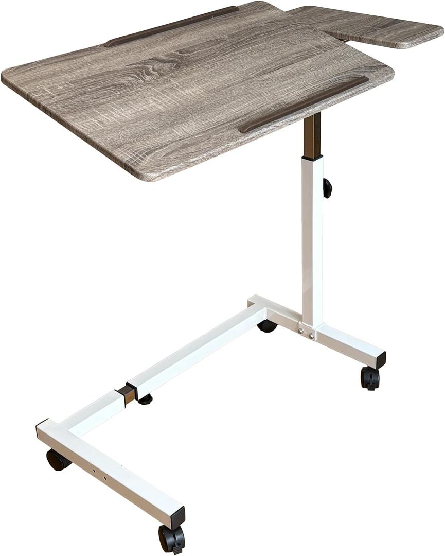 Recliner Table, Over The Bed Table with Wheels, Adjustable Width & Height, with Split-Tilt Design & 4 Caster Wheels with Brakes (White Base & Wood Grain Tabletop)