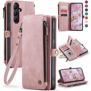 Defencase for Galaxy S26 Case Wallet with RFID Blocking Card Holder for Women Men, Elegant PU Leather Magnetic Snap Flip Wristlet Strap Zipper Wallet Phone Cases for Samsung Galaxy S26 5G 6.3", Pink
