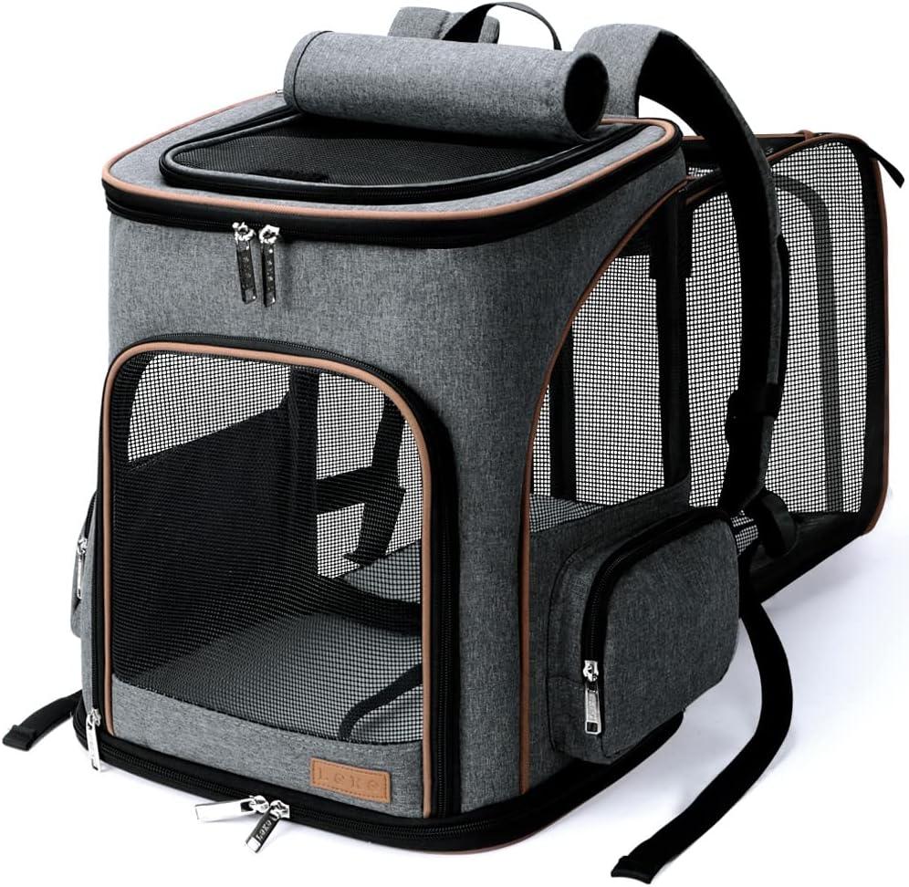 Lekereise Pet Carrier Backpack Expandable Cat Backpack for Medium Dogs and Large Cats 20-25 Lbs,14L * 12.5" W * 16.14" H, Grey