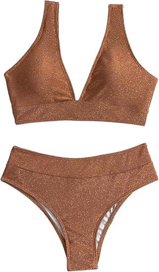 SweatyRocks Women's Solid V Neck High Waist Bikini Set Summer Sparkly Two Piece Bathing Suit L