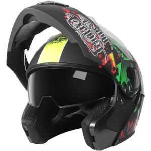 DOT Approved Full Face Modular Flip-Up Dual Visor Motorcycle Helmet for Men Women, Lightweight ABS Shell & Ventilated, Street Bike ATV (Large, Skull)