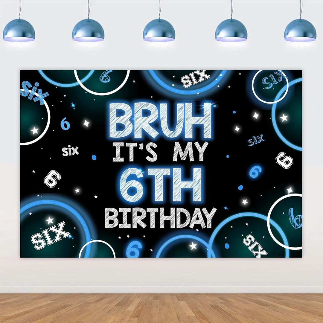 Bruh Its My 6th Birthday Decor 4.92 * 3.28ft Bruh Its My 6th Birthday Backdrop Banner Blue Black Sixth Birth Day Decors for Boy Happy Sixth Bday Supplies Six Years Old Photo Booth Props