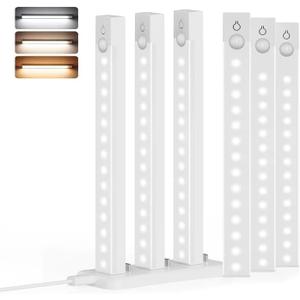 6-Pack 8-Inch Under Cabinet Lighting with Charging Station Rechargeable Motion Sensor Light Indoor 3 Color Dimmable Closet Light USB LED Magnetic Wireless Under Counter Lights for Kitchen Stair