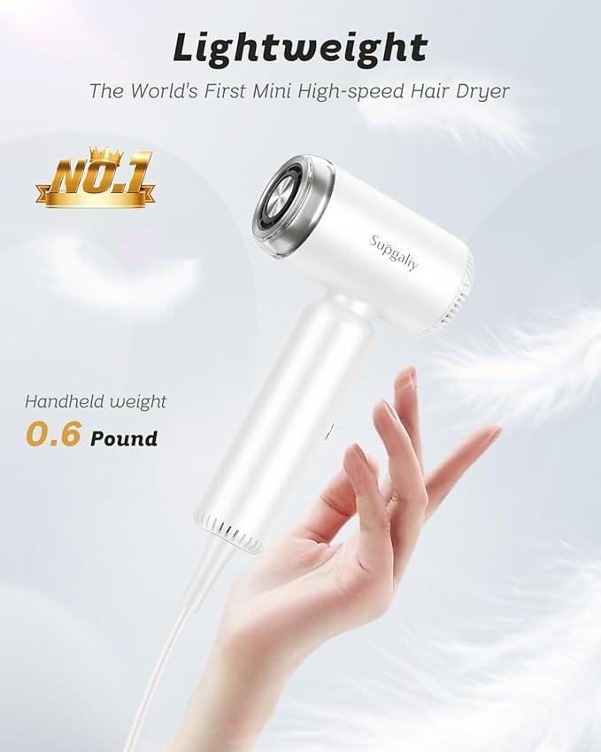 SUPGALIY Hair Dryer - Mini HairDryer, Ionic High-Speed Motor for Fast Drying, Portable Lightweight Blow Dryer, Quiet Blowdryer with Magnetic Curly Diffuser & Concentrator for Home Travel ONLY 110V White