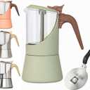 Glass Moka Pot for Stovetop & Induction - Italian Espresso Maker with Wood Handle & Leak-Proof Design - Comes with Induction Heat Diffuser Plate (6 Cup, Frosted 240ml)