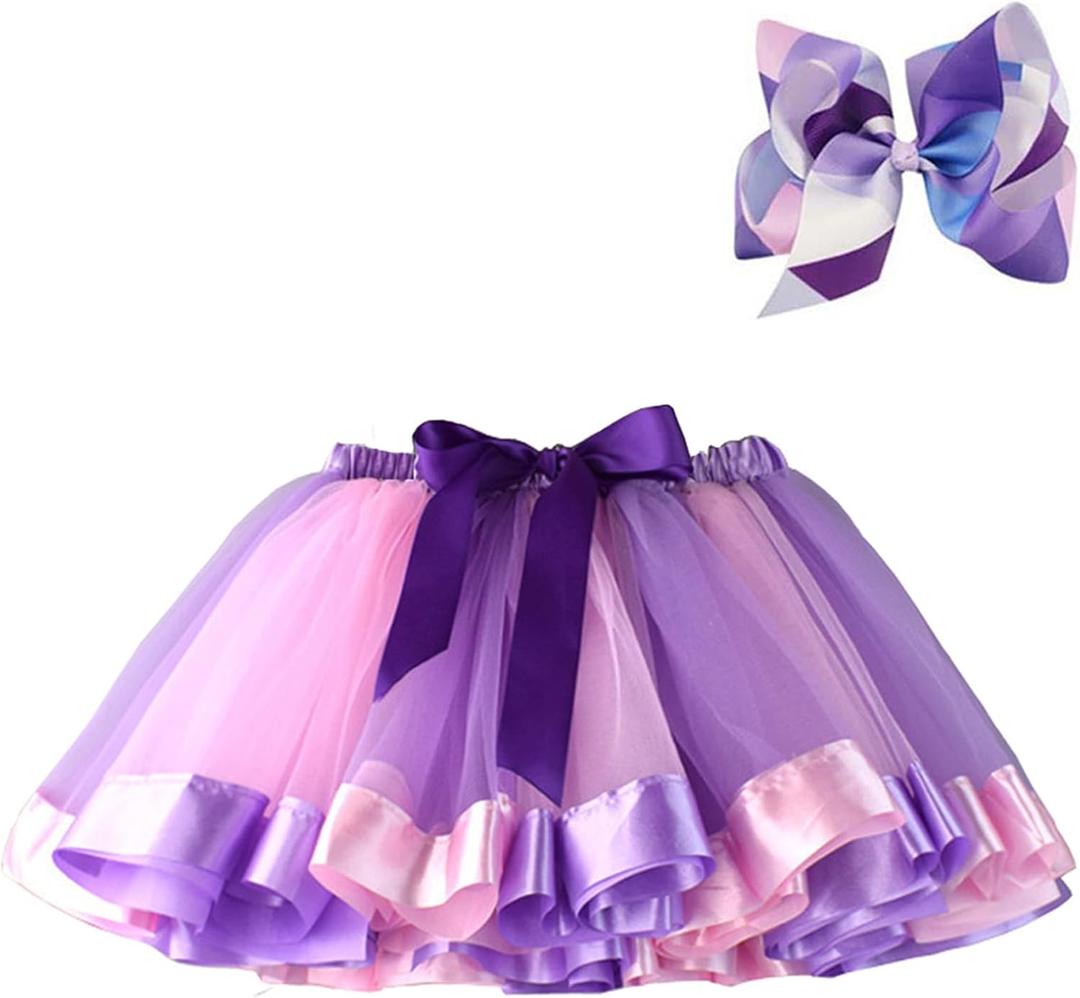 BGFKS Layered Ballet Tulle Rainbow Tutu Skirt for Little Girls Dress Up with Colorful Hair Bows (Purple)