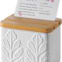 Recipe Box with Cards and Dividers Set 4x6 Recipe Holder for Kitchen Counter Metal White Plant Pattern Embossed Recipe Card Box with Wooden Grooved Lid