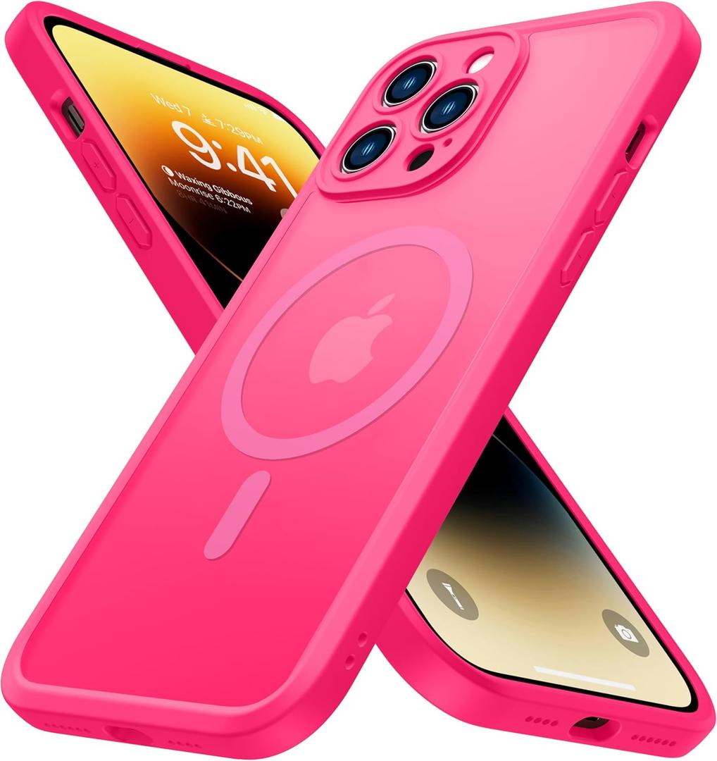 ImpactStrong Magnetic Guard Designed for iPhone 14 Pro Max Case [Camera Protection] [Military Grade Drop Tested] [Compatible with MagSafe] Slim Translucent Matte Phone Case (6.7") - Hot Pink
