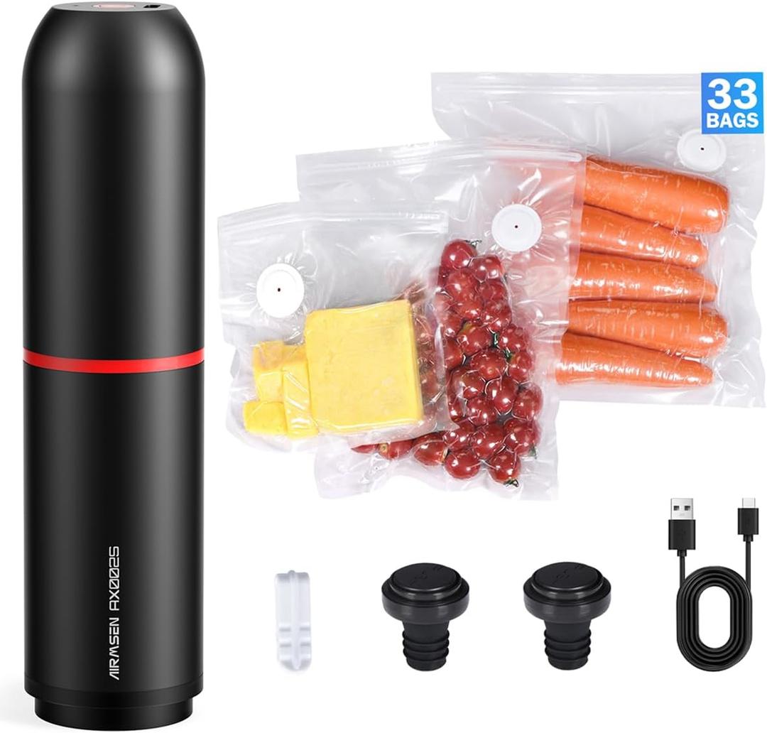 AIRMSEN Handheld Vacuum Sealer for Food with 33 PCS Reusable Bags and 2 PCS Vacuum Liquor Sealer for Food Preservation & Fresh, Kitchen Leftover Preservation, Meal Prep and Sous Vide Cook
