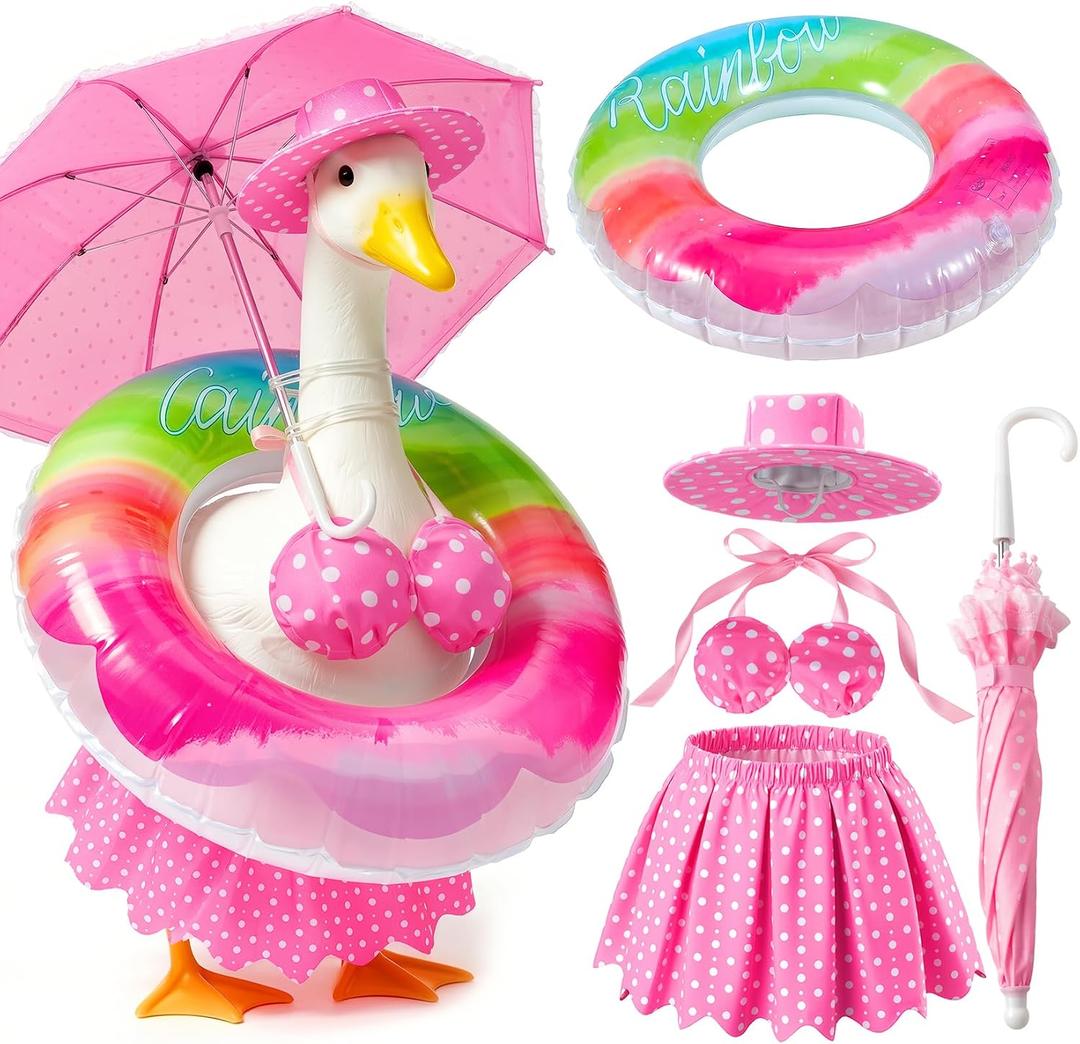 Mastom Bikini Porch Goose Outfits, 23" Lawn Goose Statue Pink Summer Costume Clothing, Bikini Porch Garden Geese Clothes with Hat Swim Ring and Parasol for Outdoor Patio Yard Decoration