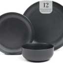Larder & Vine 12-Piece Melamine Dinnerware Set: Durable, Lightweight, Break-Resistant Plates & Bowls Stylish, Non-Toxic, Dishwasher Safe Ideal for Everyday Use, Indoor & Outdoor Dining Black