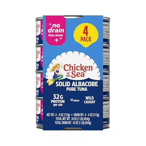 Chicken of the Sea Wild Caught Solid White Pure Albacore, No Drain, 4 oz Cans, 4-Count – High Protein 100% Classic Tuna in No Drain Can for Less Mess – Delicious, Easy, Nutritious Ready to Eat Meals, BBD 12/19/2027