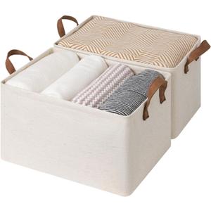 StorageWorks Storage Bins, Shelves Baskets for Organizing, Large Fabric Closet Organizers with Handles, Metal Frame, BeigeCotton-linen, 2-Pack