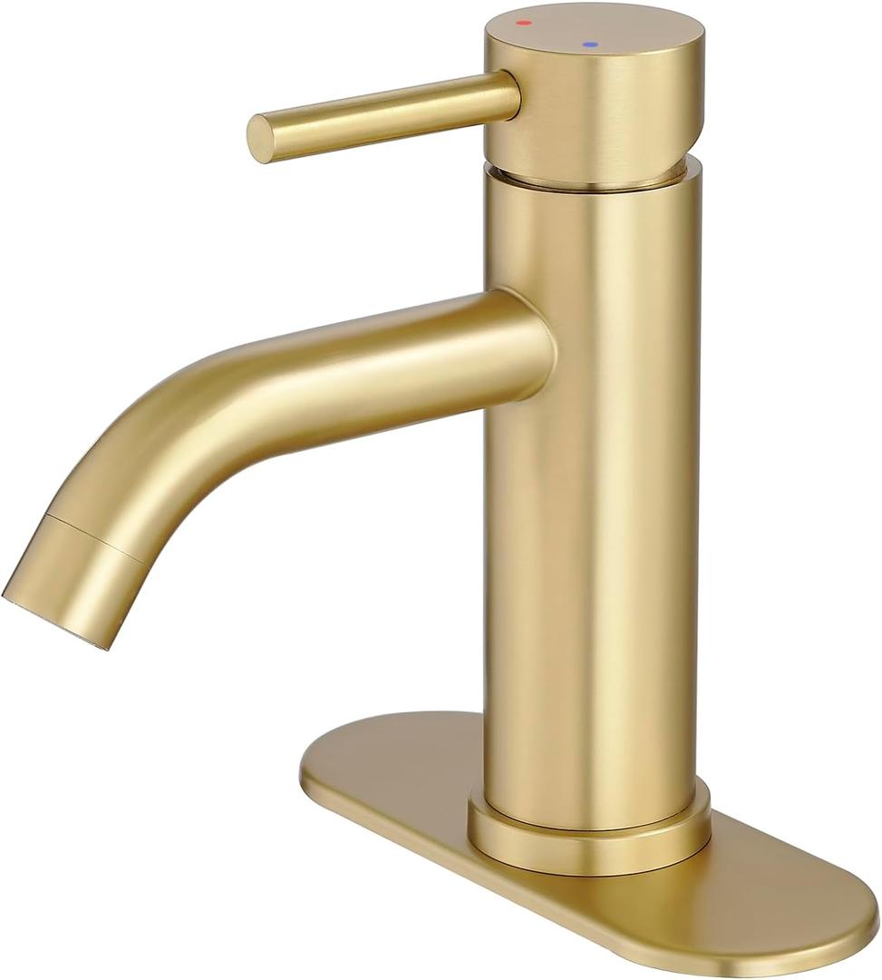 Gold Bathroom Faucets, Modern Single Handle Brushed Gold Vanity Sink Faucet 1 Hole with 3 Hole Deck Plate, Rv Sink Camper Farmhouse Bathroom Utility Remodel Faucet