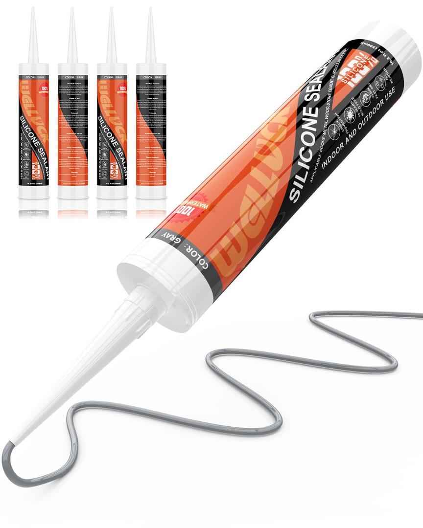 WELLUCK Grey Silicone Caulk, 100% Waterproof Silicone Sealant Adhesive Caulking,for RV, Kitchen,Bathroom, Window, Door, Glass,10.2FL.OZ/300ML4 Pack