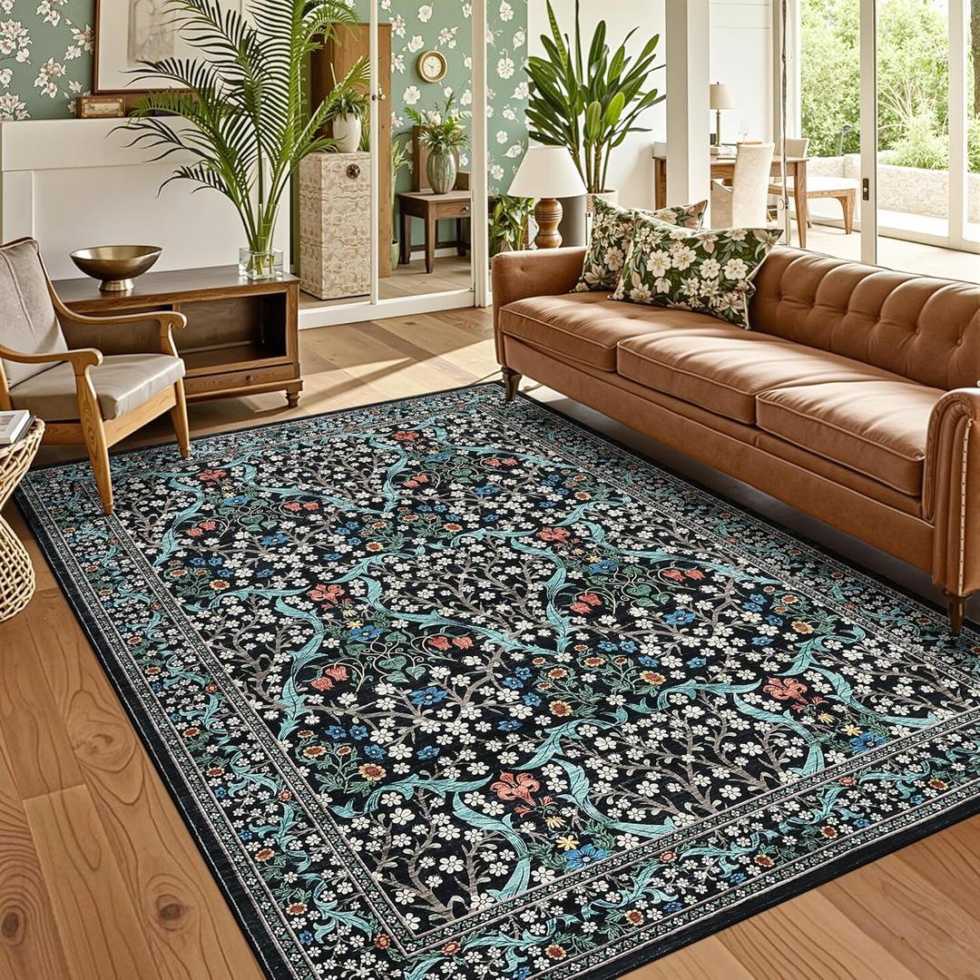 GarveeHome 8x10 Area Rugs, Washable Rugs for Living Room Non Slip Stain Resistant Ultra Soft Floral Rug, Boho Carpet Floor Mat for Bedroom Dining Room Nursery Playroom Office, Black