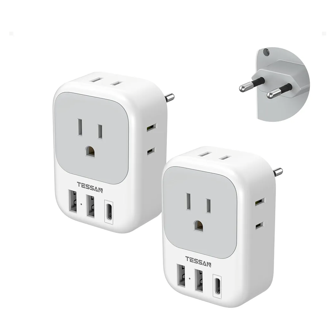 2 Pack European Plug Adapter USB C, TESSAN US to Europe Adapter 4 Outlets 3 USB Charger, Type C International Power Adaptor to Italy Spain France Portugal Iceland Germany, Europe Travel Essentials