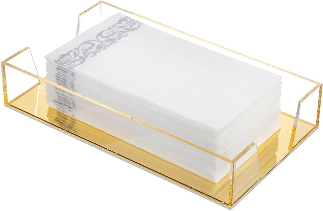 MyGift Modern Metal Wire Bathroom Paper Hand Towel Holder in Brass Tone Finish, Guest Bathroom Countertop Vanity Disposable Folded Trifold, C-fold, (Clear)