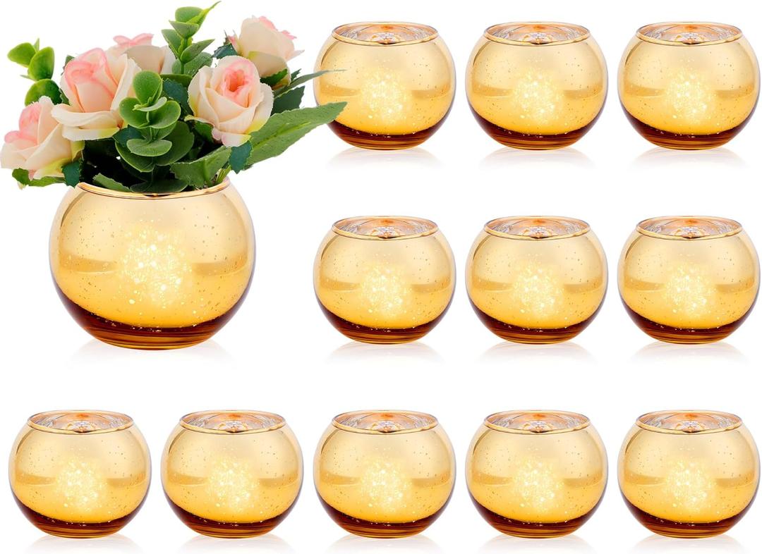 Dandat 12 Pcs Round Flower Vase Centerpieces for Table, Small Gold Vases Tea Light Candle Holders Glass Vase Wedding Home Decor Votive Candle Engagement Party Decorations, 3.5 x 2.8 Inch