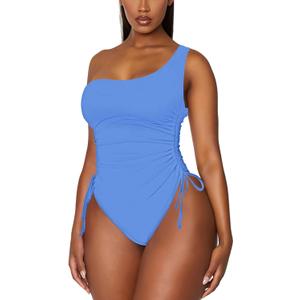 Viottiset Women's One Shoulder Ruched One Piece Swimsuit Tummy Control High Cut Cheeky Bathing Suit (X-Large)