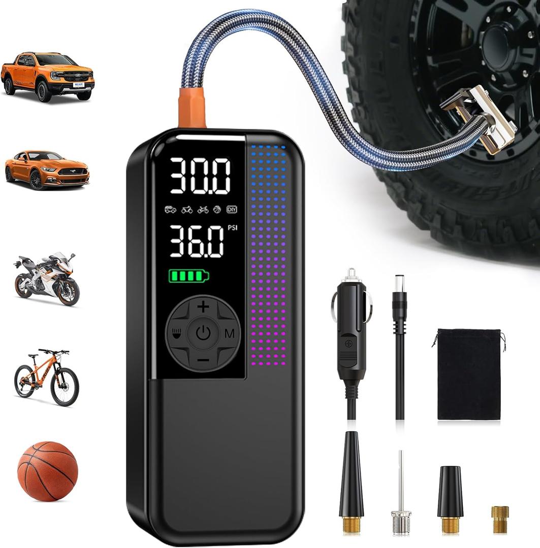 Tire Inflator Portable Air Compressor, 150 PSI Cordless Air Pump, Dual Power 6000mAh, 12V DC Car Plug, Fast Inflation 24L/Min, Auto Shut-Off, LED Light, 4 Preset Modes for Car, Bike, Motorcycle, Balls (Black)