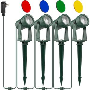 SUNTHIN Outdoor Landscape Lighting, 4 Pack Outdoor Spot Lights with 4 Colorful Lens and Power Supply, Green Shell, IP65 Waterproof & Connectable