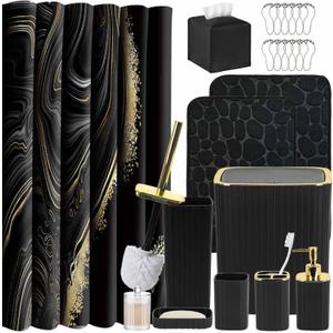 Bathroom Accessory Set with Shower Curtain and Rugs 23Pcs, Black Bathroom Set - Trash Can, Soap Dispenser, Soap Dish, Toilet Brush, Toothbrush Holder, Toothbrush Cup, Tissue Box, Q-tip Holders