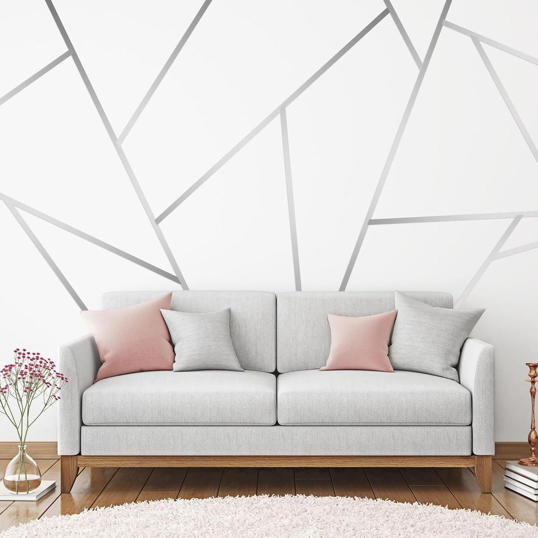 Hoolerry 24 Pcs Silver Wall Decals Peel and Stick 70.8 x 1.2 Inch Silver Tape for Wall Decor Metallic Line Adhesive Tile Stickers Mirror Stickers Graphic Tape for Home Crafts Decoration
