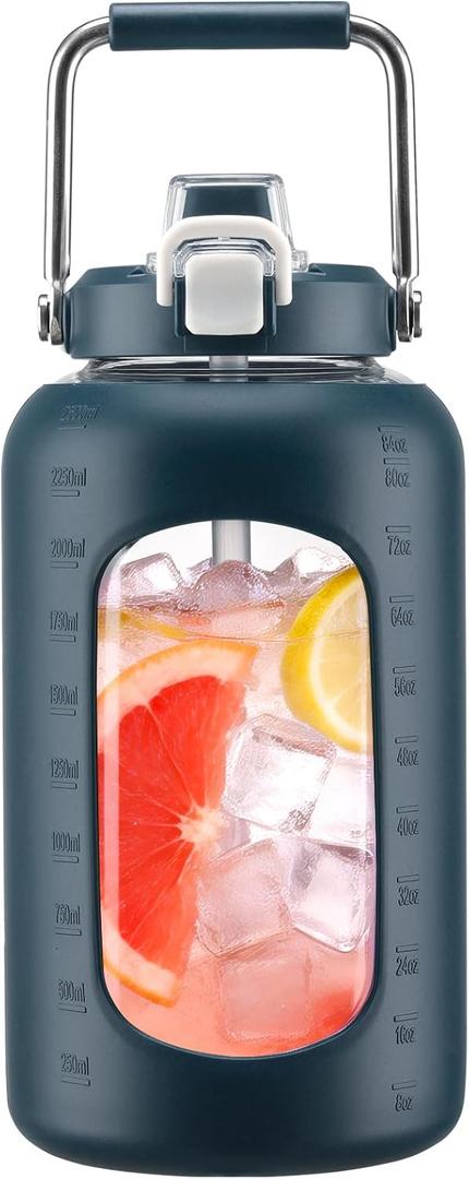 WINSA 84 oz Glass Water Bottles with Straw, 2.5 Liter Gallon Drinking Bottle with Handle, Large Glass Water Jug with Silicone Sleeve for Gym Sports,Wide Mouth, Dark Blue