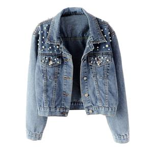 Kedera Women Oversized Denim Jacket Embroidered Pearls Beading Jeans Coat, XL