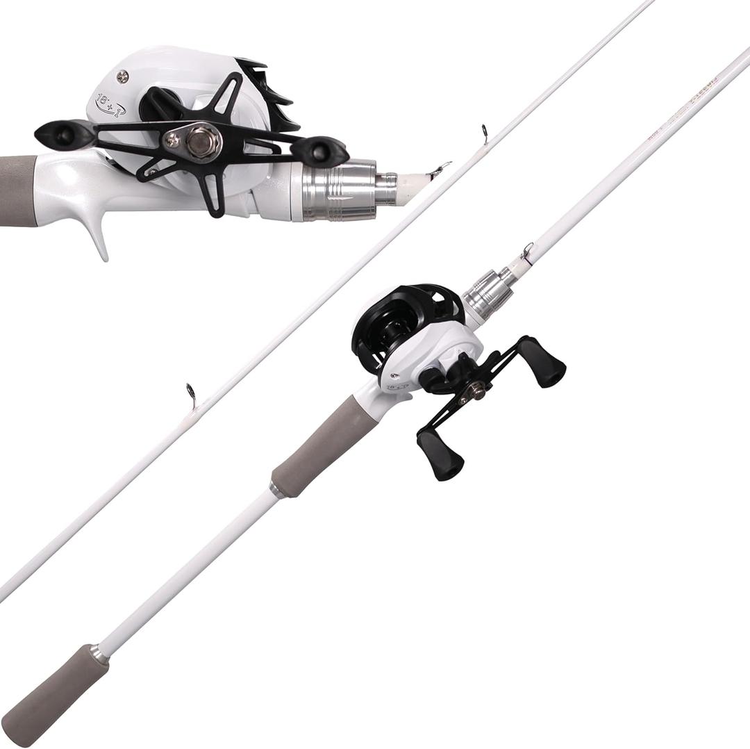 Kilitn Fishing Rod and Reel Combo, White Color Baitcasting Combo Baitcast Reel, 2-Piece Baitcaster Rod, Durable Fiberglass with Comfortable EVA Handle (Casting Right 6FT, medium-heavy)