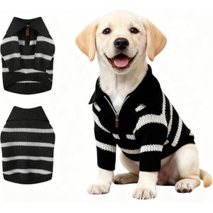 Small Dog Sweater with Zipper, Knitted Striped Pullover Dog Clothes for Cold Weather, Thick Warm Cozy Stretchy Sweater for Chihuahua, Bulldog, Dachshund, Pug(Black & White Strip, XL) (Black Stripe Zip(Order One Size Up))